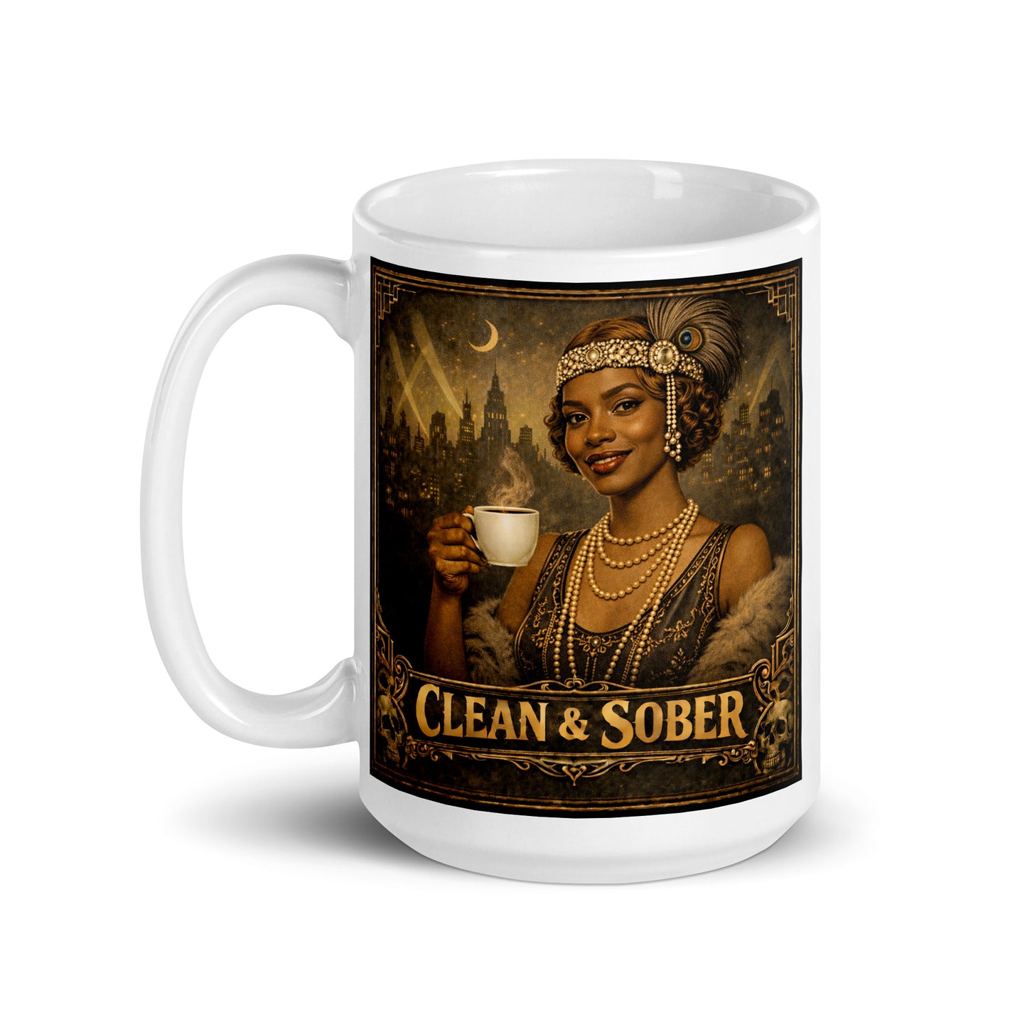 1920s flapper style clean and sober coffee mug design featuring glamorous art deco woman holding coffee with vintage Gatsby-inspired noir city background and retro recovery theme.