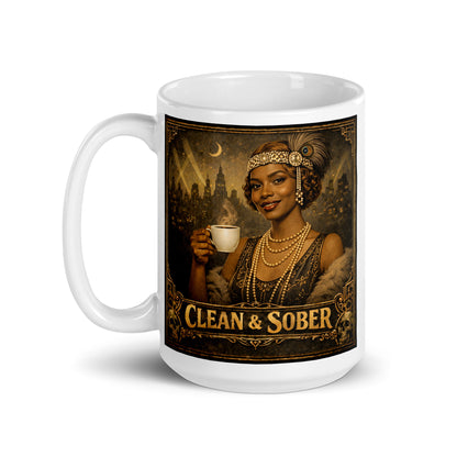 1920s flapper style clean and sober coffee mug design featuring glamorous art deco woman holding coffee with vintage Gatsby-inspired noir city background and retro recovery theme.