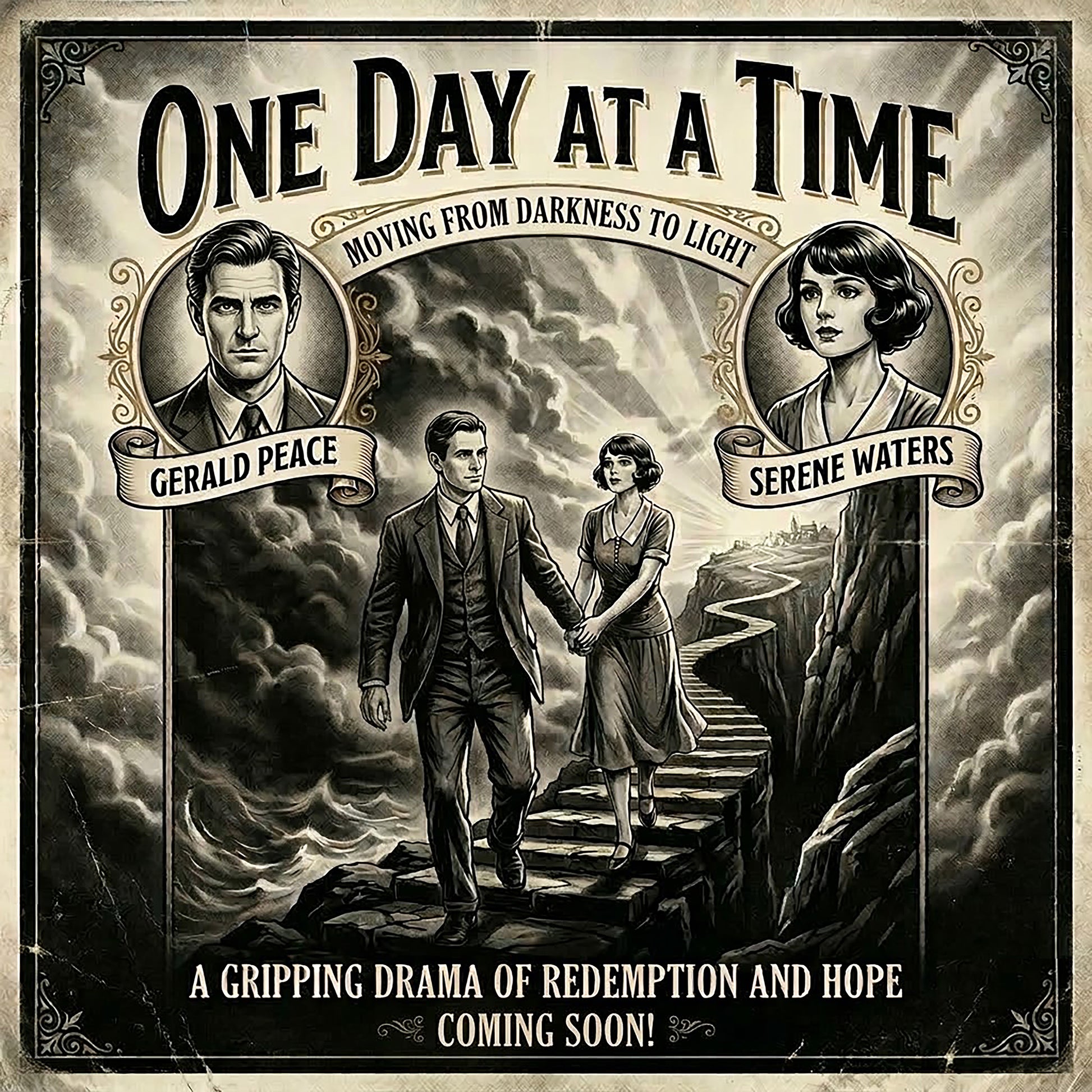 Thumbnail of a Vintage 1920s movie poster style coffee mug featuring a couple walking up stone steps from stormy seas toward light, with the words "One Day at a Time — Moving from Darkness to Light" in bold retro typography