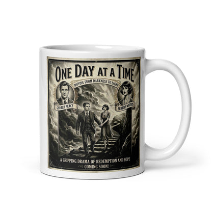 Vintage 1920s movie poster style coffee mug featuring a couple walking up stone steps from stormy seas toward light, with the words "One Day at a Time — Moving from Darkness to Light" in bold retro typography