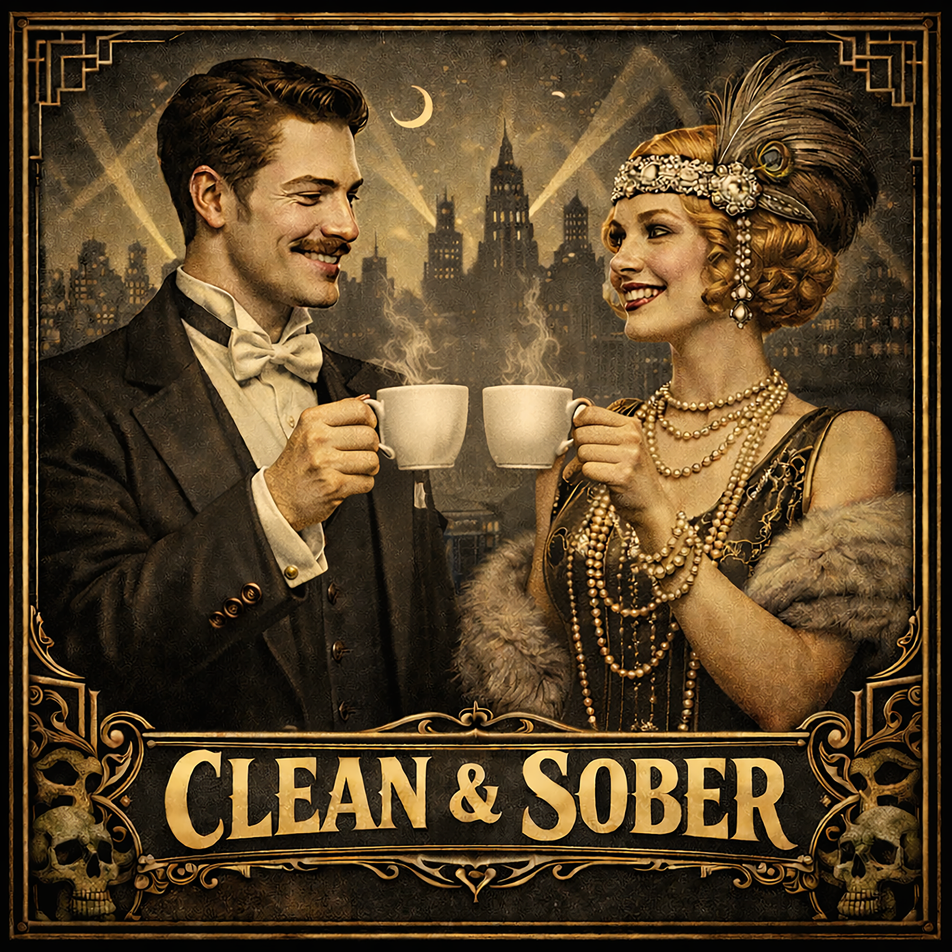 Thumbnail of a 1920s Gatsby style clean and sober coffee mug design featuring elegant flapper woman and gentleman holding coffee cups with vintage art deco city background and retro recovery theme.