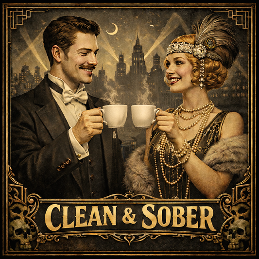 Thumbnail of a 1920s Gatsby style clean and sober coffee mug design featuring elegant flapper woman and gentleman holding coffee cups with vintage art deco city background and retro recovery theme.