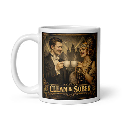 Colorful and lively 1920s Gatsby style clean and sober coffee mug design featuring elegant flapper woman and gentleman holding coffee cups with vintage art deco city background and retro recovery theme.
