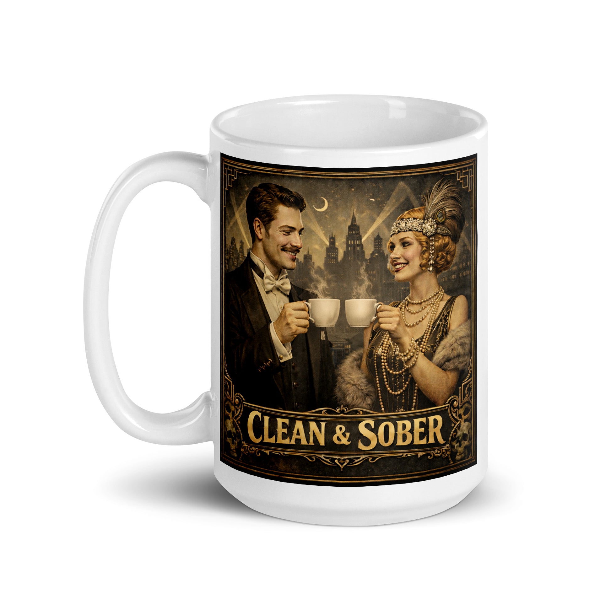 1920s Gatsby style clean and sober coffee mug design featuring elegant flapper woman and gentleman holding coffee cups with vintage art deco city background and retro recovery theme.
