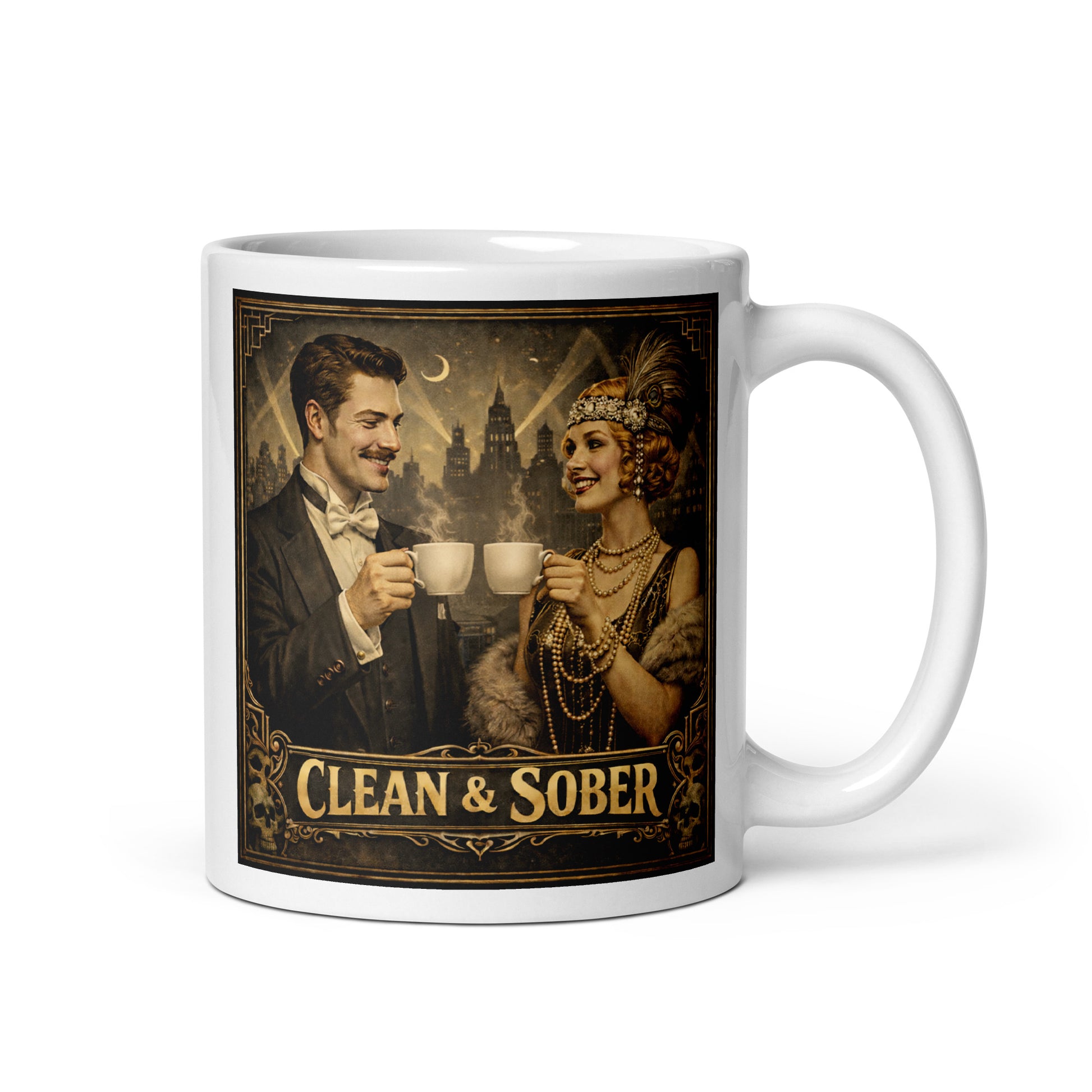 Mysterious and intriguing 1920s Gatsby style clean and sober coffee mug design featuring elegant flapper woman and gentleman holding coffee cups with vintage art deco city background and retro recovery theme.