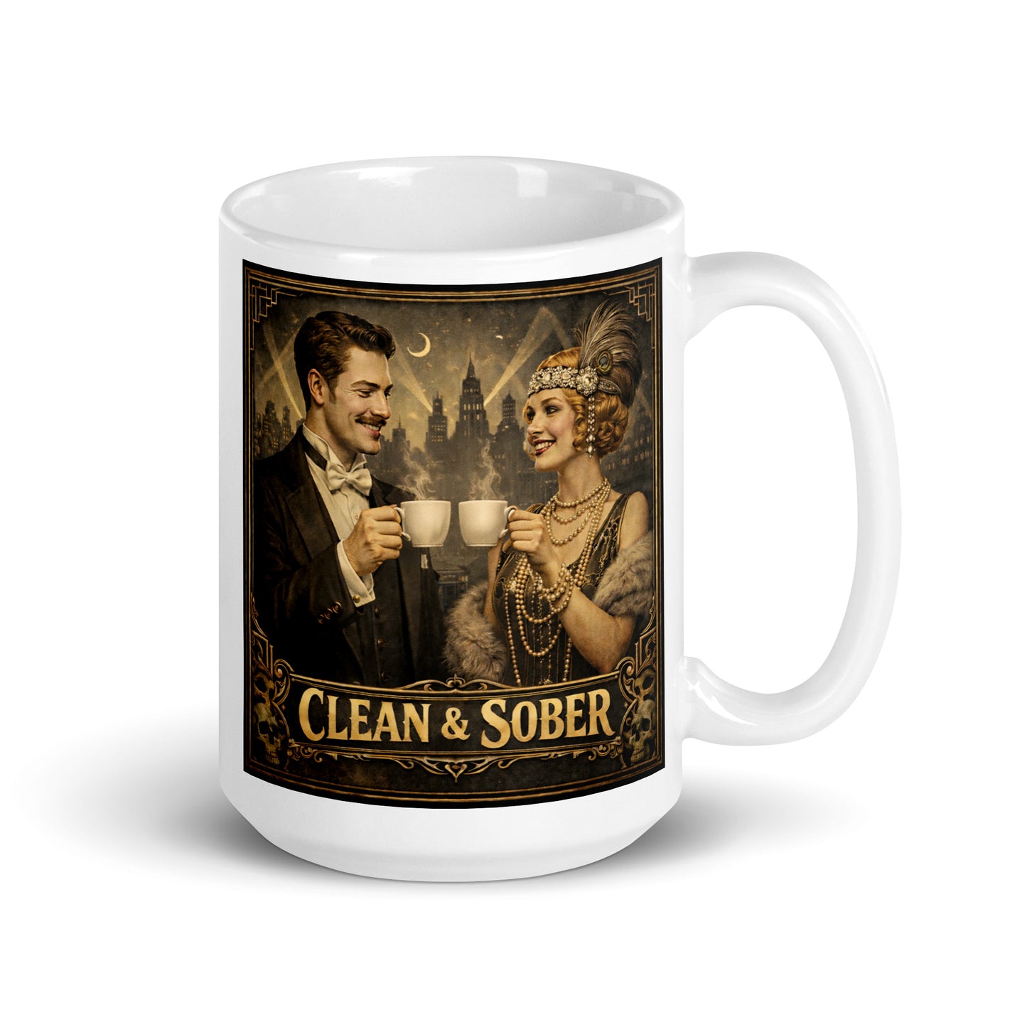Beautiful and striking 1920s Gatsby style clean and sober coffee mug design featuring elegant flapper woman and gentleman holding coffee cups with vintage art deco city background and retro recovery theme.