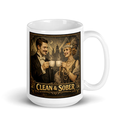 Beautiful and striking 1920s Gatsby style clean and sober coffee mug design featuring elegant flapper woman and gentleman holding coffee cups with vintage art deco city background and retro recovery theme.