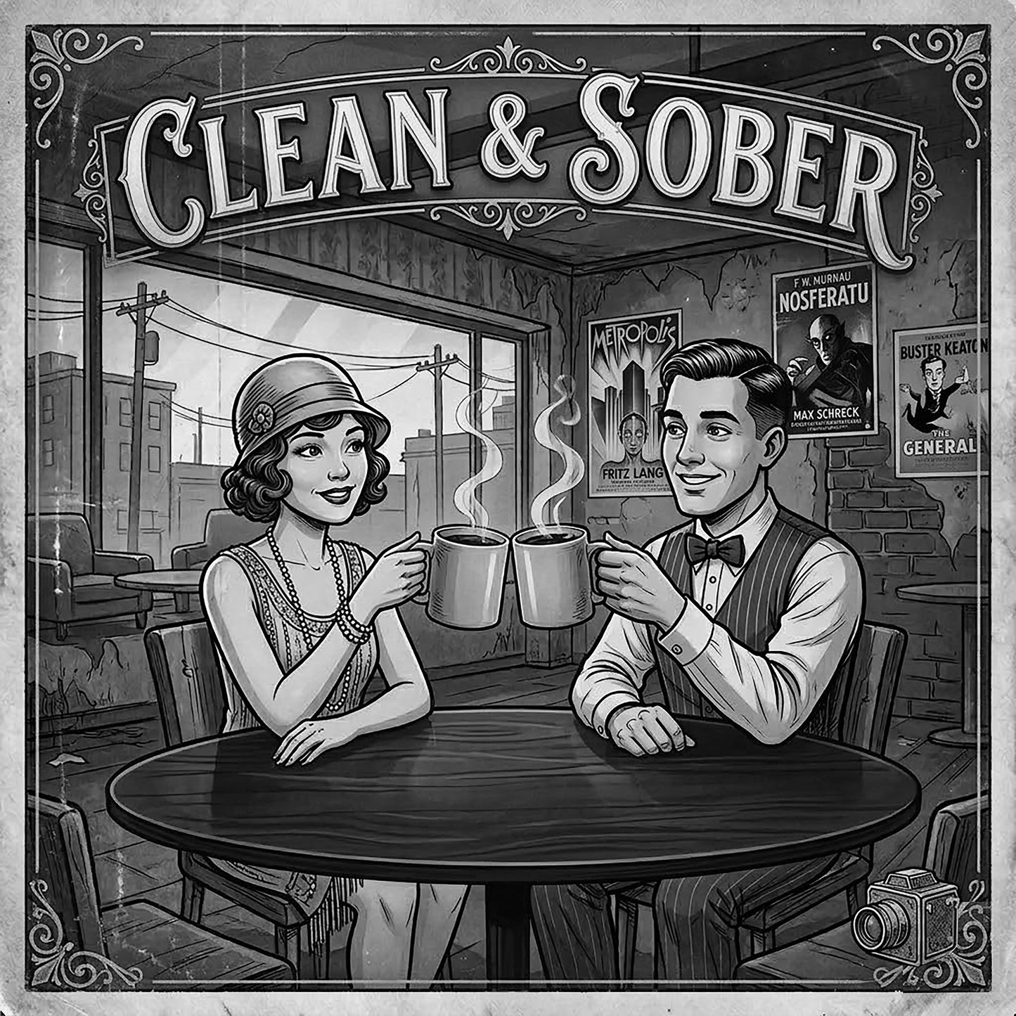 Thumbnail of a Black and white vintage illustration coffee mug featuring a 1920s flapper woman and dapper man clinking coffee mugs in a café with silent film movie posters on the wall and "Clean & Sober" in marquee lettering overhead