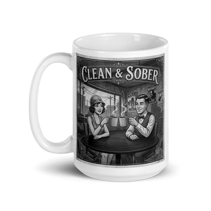 Lovely Black and white vintage illustration coffee mug featuring a 1920s flapper woman and dapper man clinking coffee mugs in a café with silent film movie posters on the wall and "Clean & Sober" in marquee lettering overhead