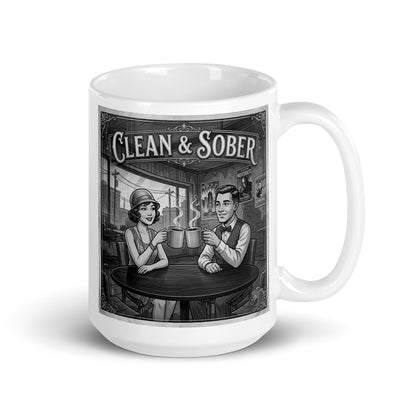 Lovely and intriguing Black and white vintage illustration coffee mug featuring a 1920s flapper woman and dapper man clinking coffee mugs in a café with silent film movie posters on the wall and "Clean & Sober" in marquee lettering overhead