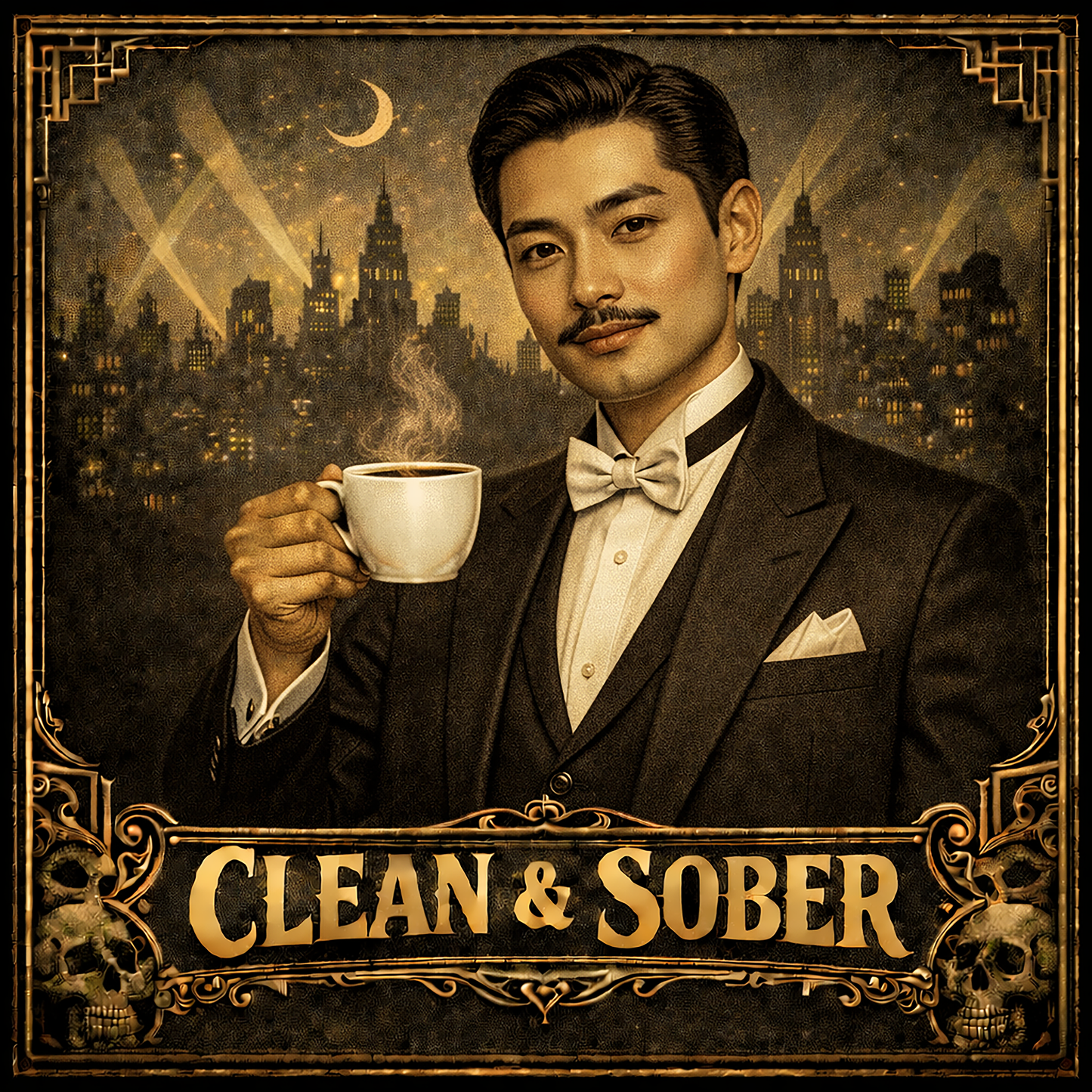 Thumbnail of a Art Deco style coffee mug featuring a 1920s gentleman in a tuxedo holding a steaming cup against a moonlit city skyline with the words "Clean & Sober" in gold vintage lettering
