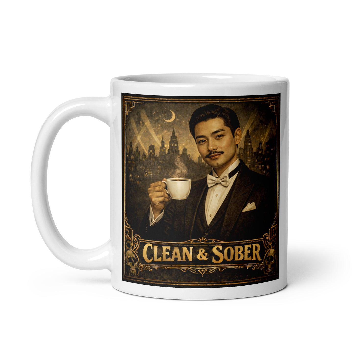 Beautiful and striking Art Deco style coffee mug featuring a 1920s gentleman in a tuxedo holding a steaming cup against a moonlit city skyline with the words "Clean & Sober" in gold vintage lettering