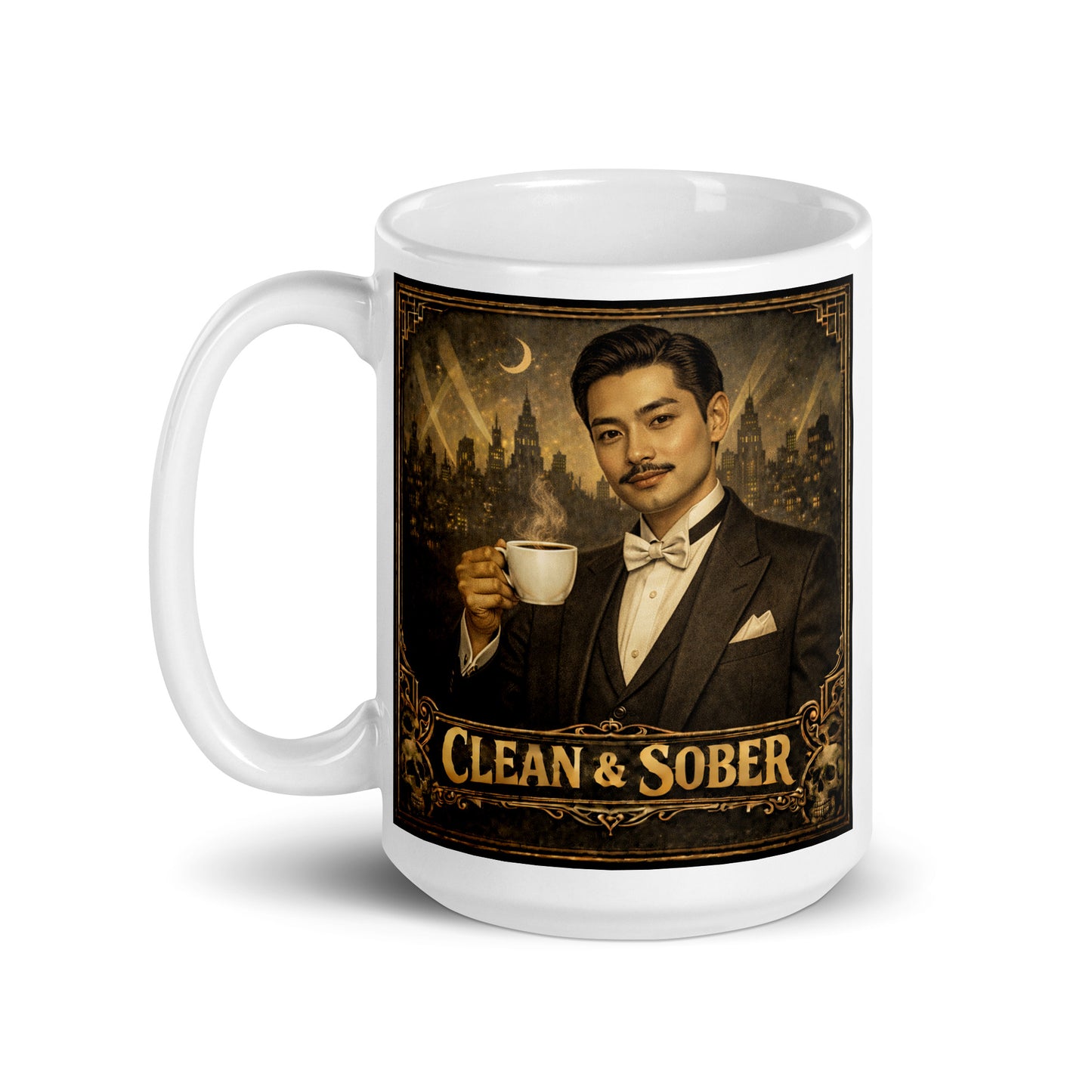 Mysterious and intriguing Art Deco style coffee mug featuring a 1920s gentleman in a tuxedo holding a steaming cup against a moonlit city skyline with the words "Clean & Sober" in gold vintage lettering