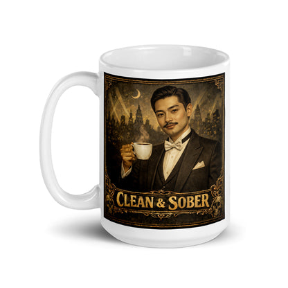 Mysterious and intriguing Art Deco style coffee mug featuring a 1920s gentleman in a tuxedo holding a steaming cup against a moonlit city skyline with the words "Clean & Sober" in gold vintage lettering