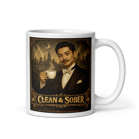 Art Deco style coffee mug featuring a 1920s gentleman in a tuxedo holding a steaming cup against a moonlit city skyline with the words "Clean & Sober" in gold vintage lettering