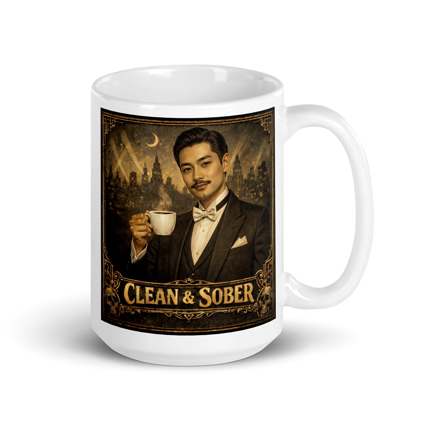 Colorful and lively Art Deco style coffee mug featuring a 1920s gentleman in a tuxedo holding a steaming cup against a moonlit city skyline with the words "Clean & Sober" in gold vintage lettering