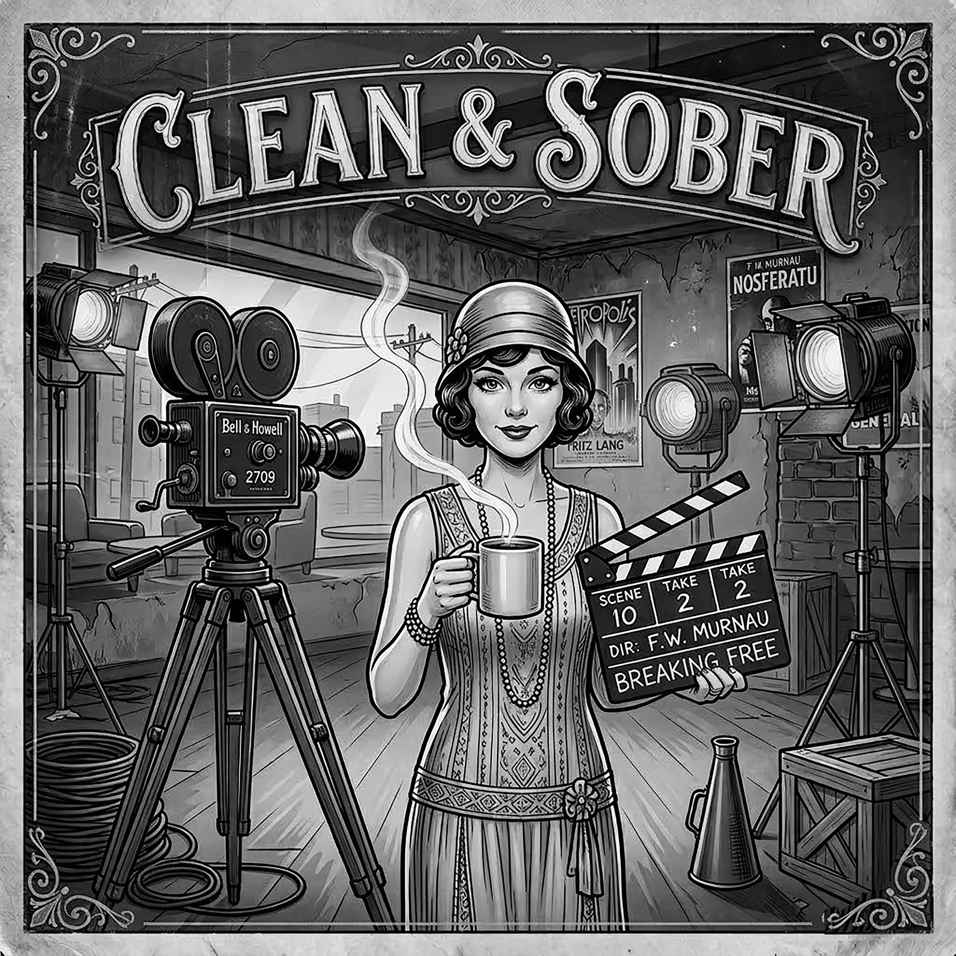 Thumbnail of a 1920s silent film style clean and sober coffee mug design featuring flapper woman holding coffee cup on vintage movie set with antique film cameras and black-and-white retro Hollywood artwork.