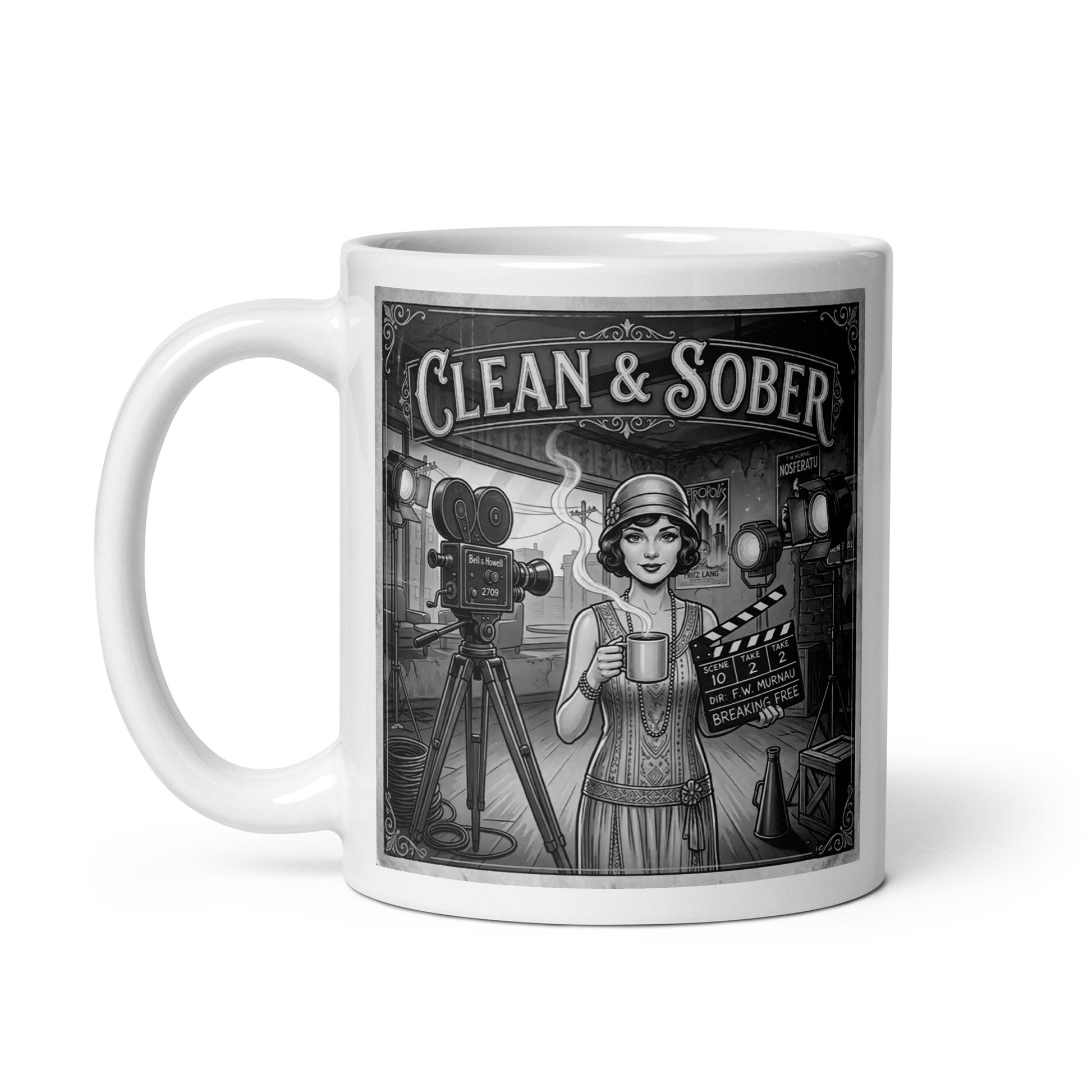 Mysterious and intriguing 1920s silent film style clean and sober coffee mug design featuring flapper woman holding coffee cup on vintage movie set with antique film cameras and black-and-white retro Hollywood artwork. 