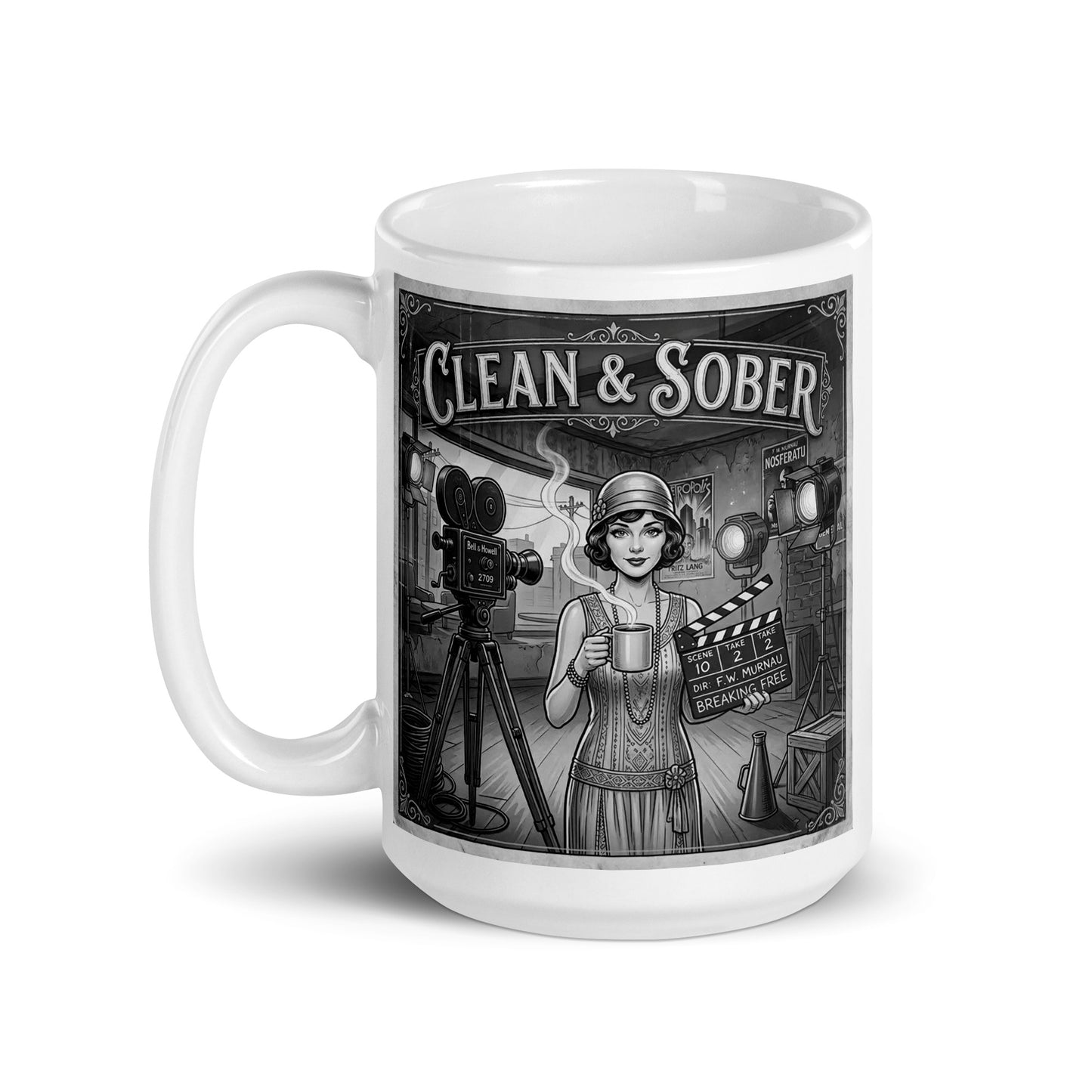 1920s silent film style clean and sober coffee mug design featuring flapper woman holding coffee cup on vintage movie set with antique film cameras and black-and-white retro Hollywood artwork.