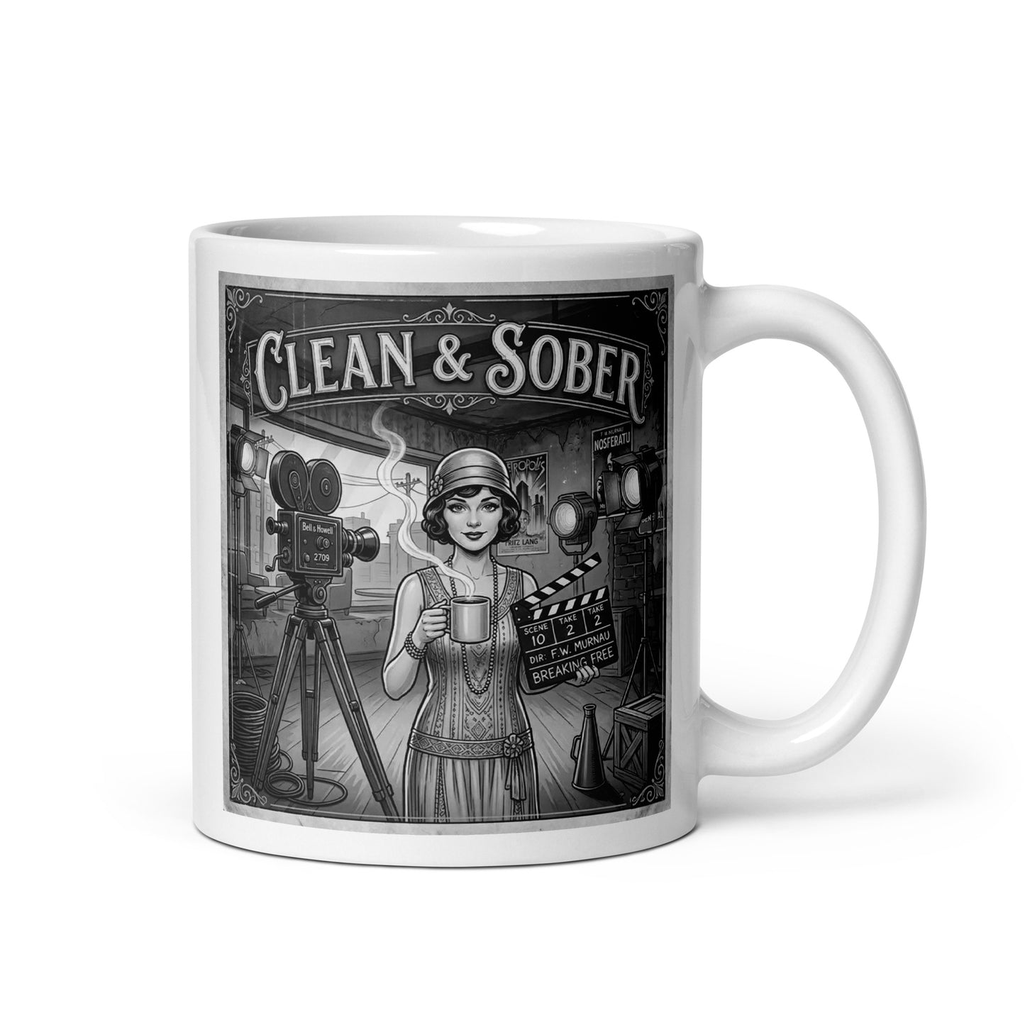Beautiful and striking 1920s silent film style clean and sober coffee mug design featuring flapper woman holding coffee cup on vintage movie set with antique film cameras and black-and-white retro Hollywood artwork.