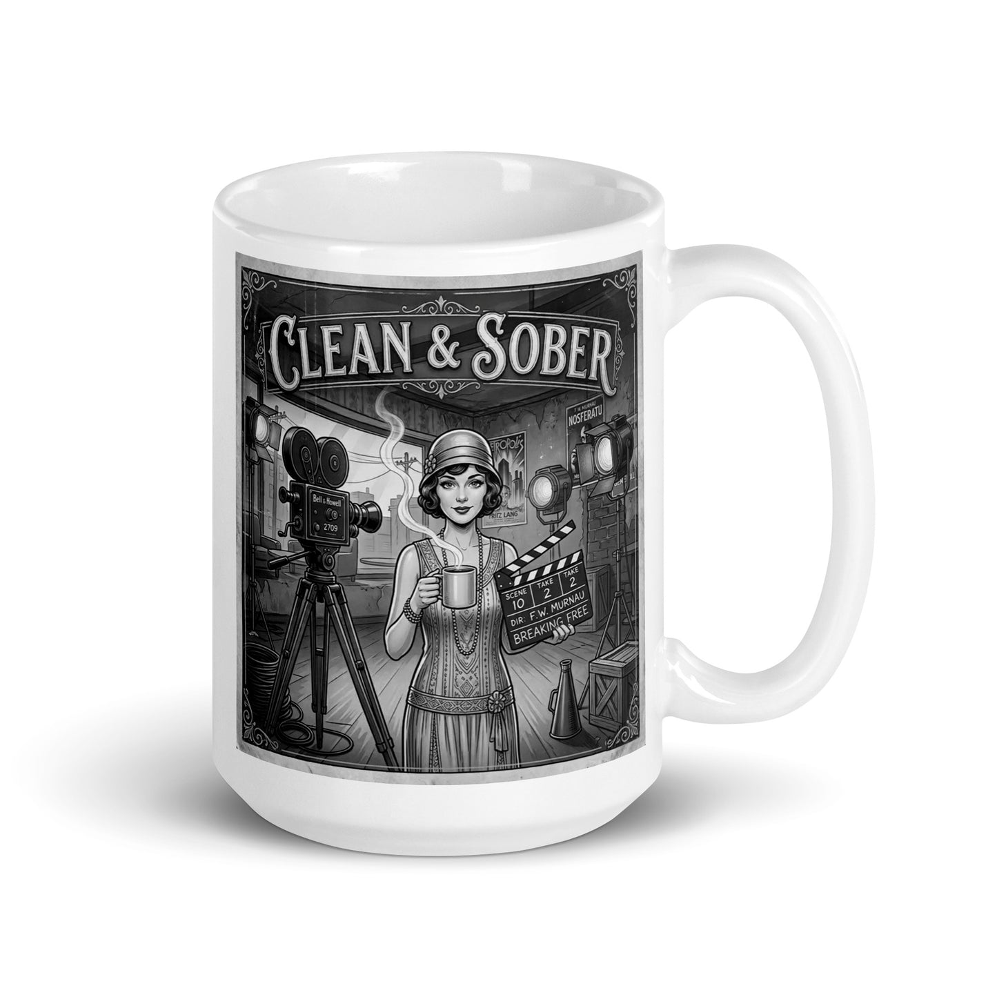 Beautiful and striking 1920s silent film style clean and sober coffee mug design featuring flapper woman holding coffee cup on vintage movie set with antique film cameras and black-and-white retro Hollywood artwork.