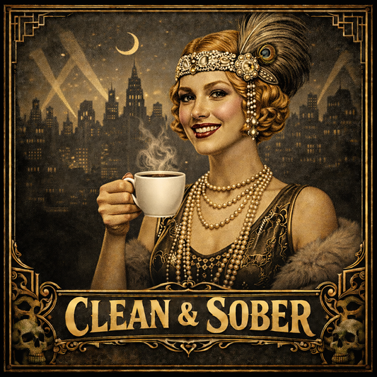 Thumbnail of a 1920s flapper style clean and sober coffee mug design featuring glamorous woman holding coffee cup with art deco city skyline, pearls, feathered headpiece, and vintage Gatsby-inspired recovery artwork.