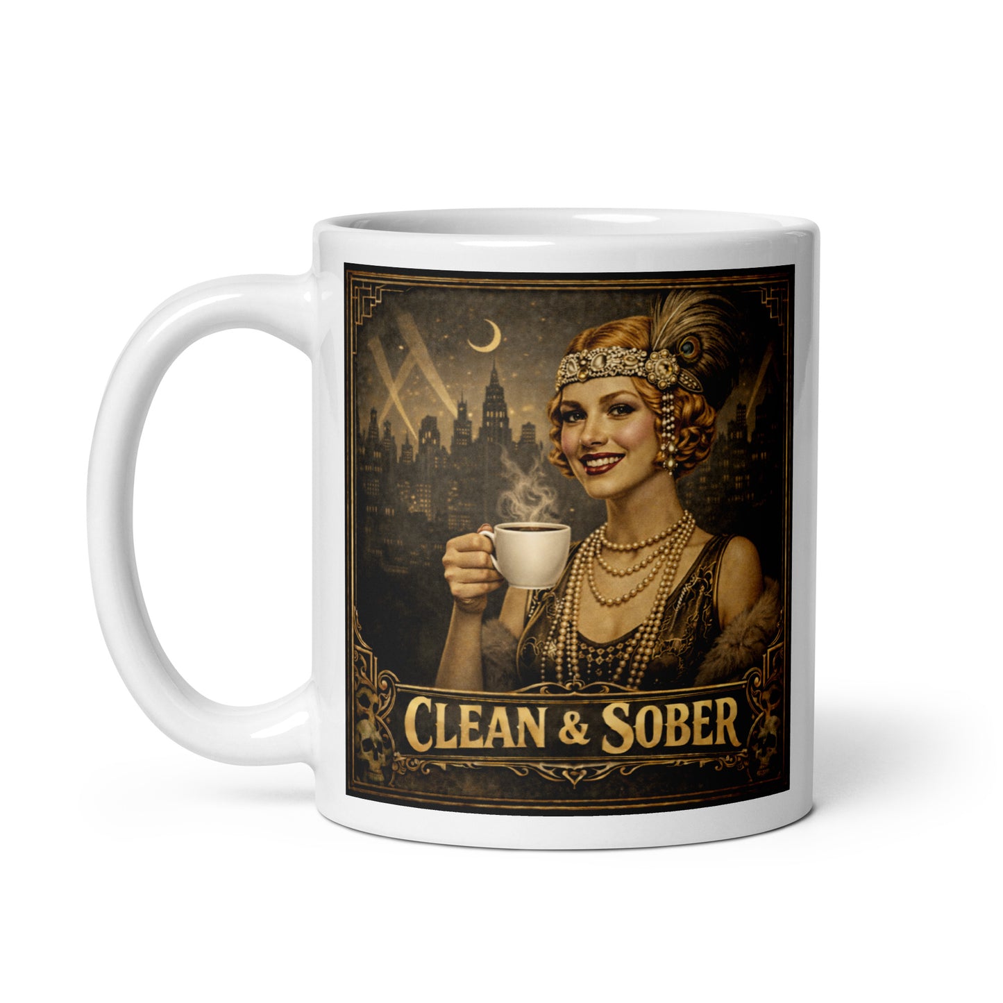Beautiful  1920s flapper style clean and sober coffee mug design featuring glamorous woman holding coffee cup with art deco city skyline, pearls, feathered headpiece, and vintage Gatsby-inspired recovery artwork.