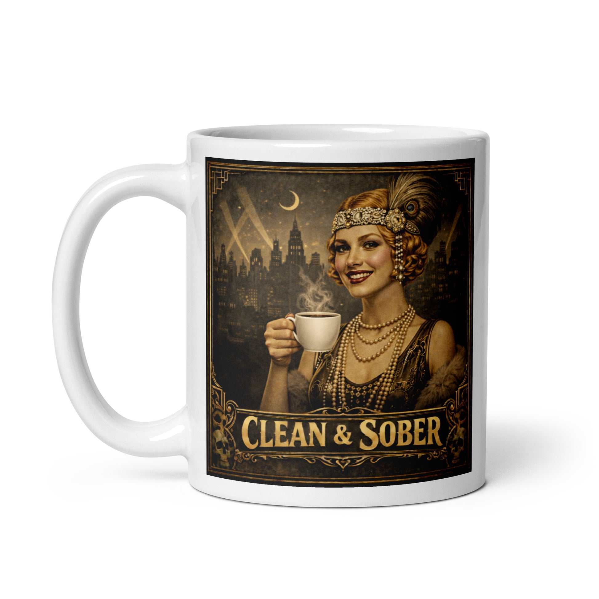 Beautiful  1920s flapper style clean and sober coffee mug design featuring glamorous woman holding coffee cup with art deco city skyline, pearls, feathered headpiece, and vintage Gatsby-inspired recovery artwork.