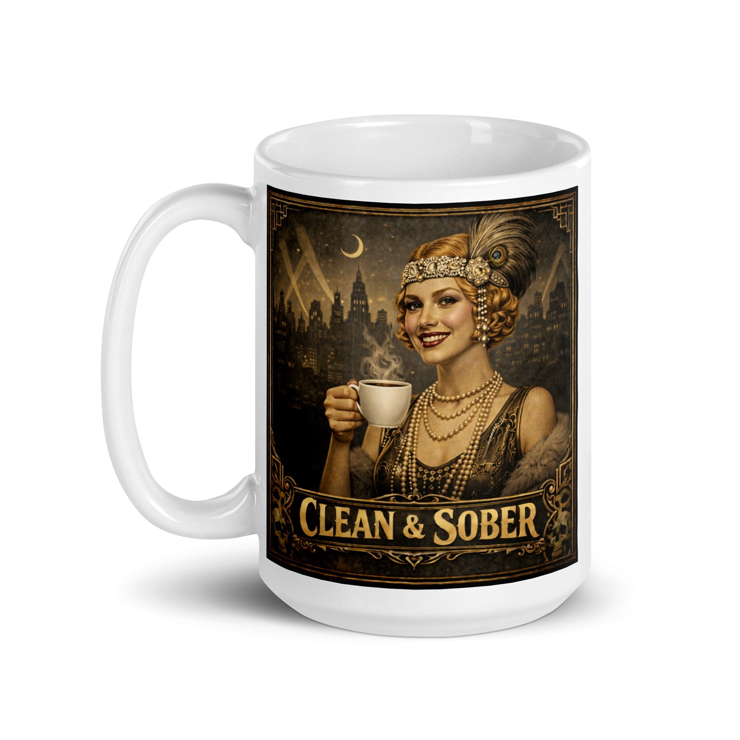 1920s flapper style clean and sober coffee mug design featuring glamorous woman holding coffee cup with art deco city skyline, pearls, feathered headpiece, and vintage Gatsby-inspired recovery artwork.