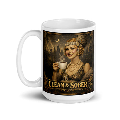 1920s flapper style clean and sober coffee mug design featuring glamorous woman holding coffee cup with art deco city skyline, pearls, feathered headpiece, and vintage Gatsby-inspired recovery artwork.