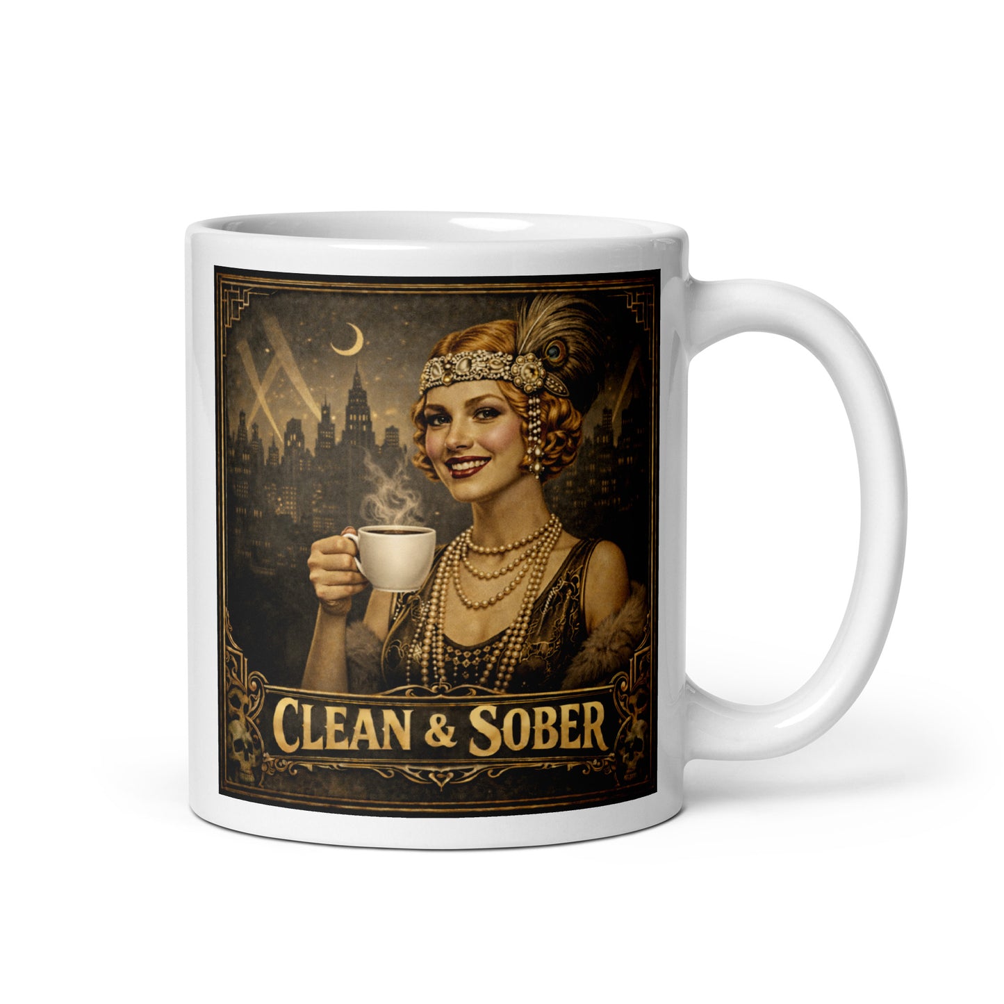 Colorful and lively 1920s flapper style clean and sober coffee mug design featuring glamorous woman holding coffee cup with art deco city skyline, pearls, feathered headpiece, and vintage Gatsby inspired recovery artwork.