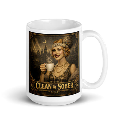 Beautiful and striking 1920s flapper style clean and sober coffee mug design featuring glamorous woman holding coffee cup with art deco city skyline, pearls, feathered headpiece, and vintage Gatsby-inspired recovery artwork.