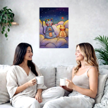 Two Cats Meditating on a Cloud Canvas – Feline Mindfulness Energy Art