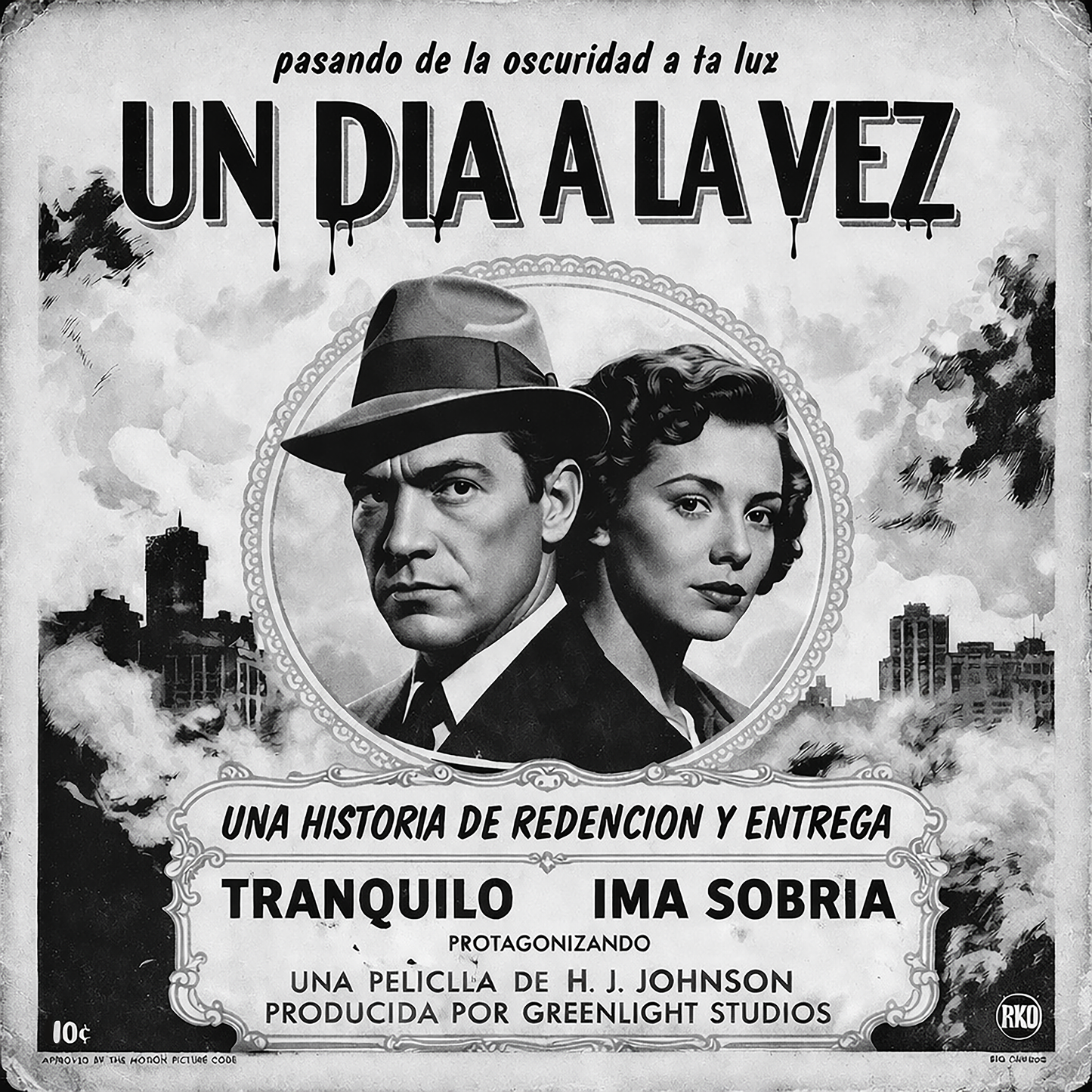 Miniatura de una Diseño retro en blanco y negro para taza de café con estilo de cartel de cine noir en español, texto “Un Día a la Vez” y temática de recuperación, redención y vida sobria.