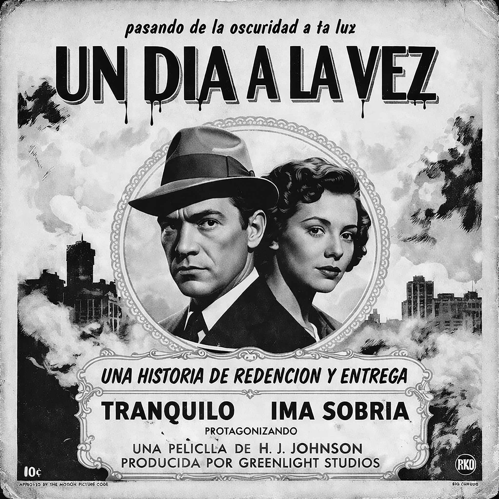 Miniatura de una Diseño retro en blanco y negro para taza de café con estilo de cartel de cine noir en español, texto “Un Día a la Vez” y temática de recuperación, redención y vida sobria.
