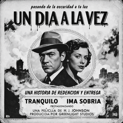 Miniatura de una Diseño retro en blanco y negro para taza de café con estilo de cartel de cine noir en español, texto “Un Día a la Vez” y temática de recuperación, redención y vida sobria.