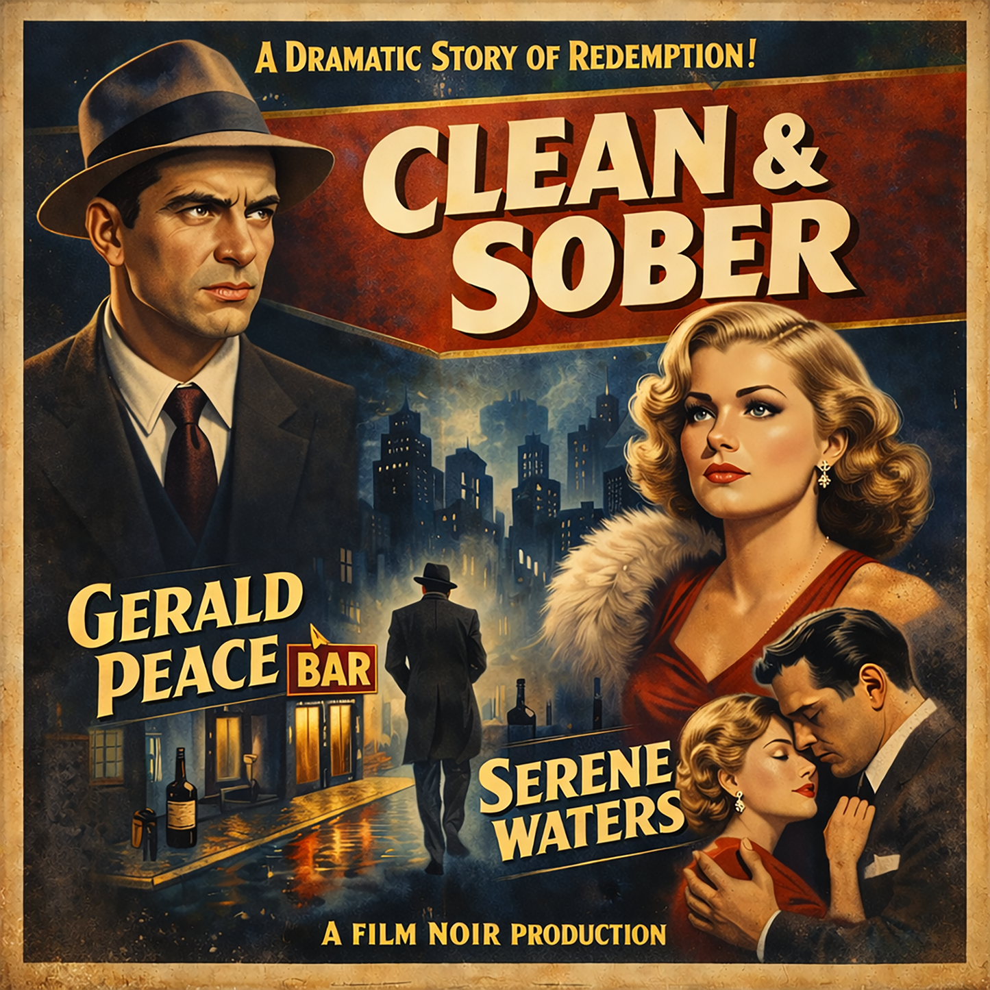 Thumbnail of a 1930s film noir sobriety coffee mug design featuring vintage movie poster artwork with “Clean & Sober” text, dramatic city scene, elegant retro characters, and classic distressed noir styling.