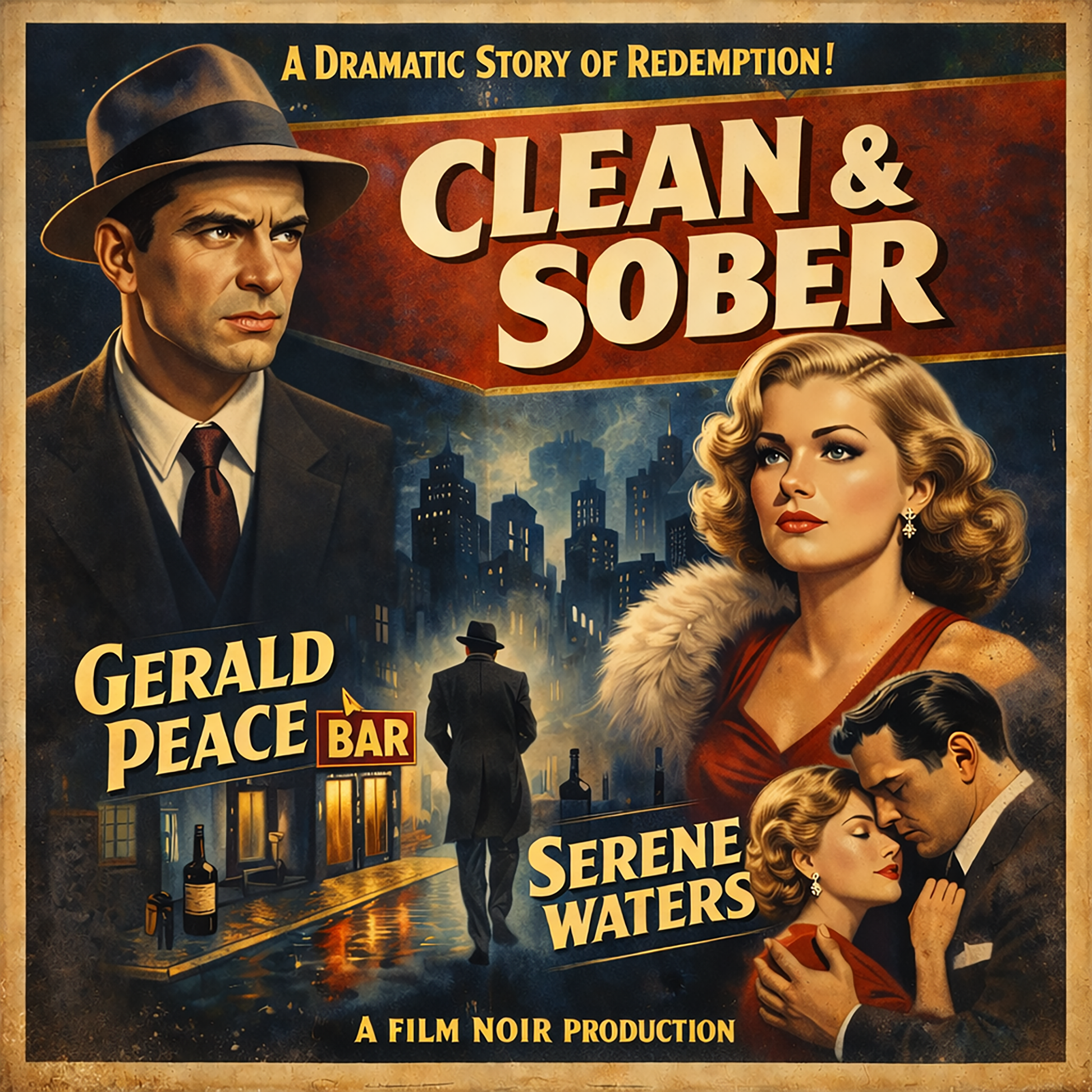 Thumbnail of a 1930s film noir sobriety coffee mug design featuring vintage movie poster artwork with “Clean & Sober” text, dramatic city scene, elegant retro characters, and classic distressed noir styling.