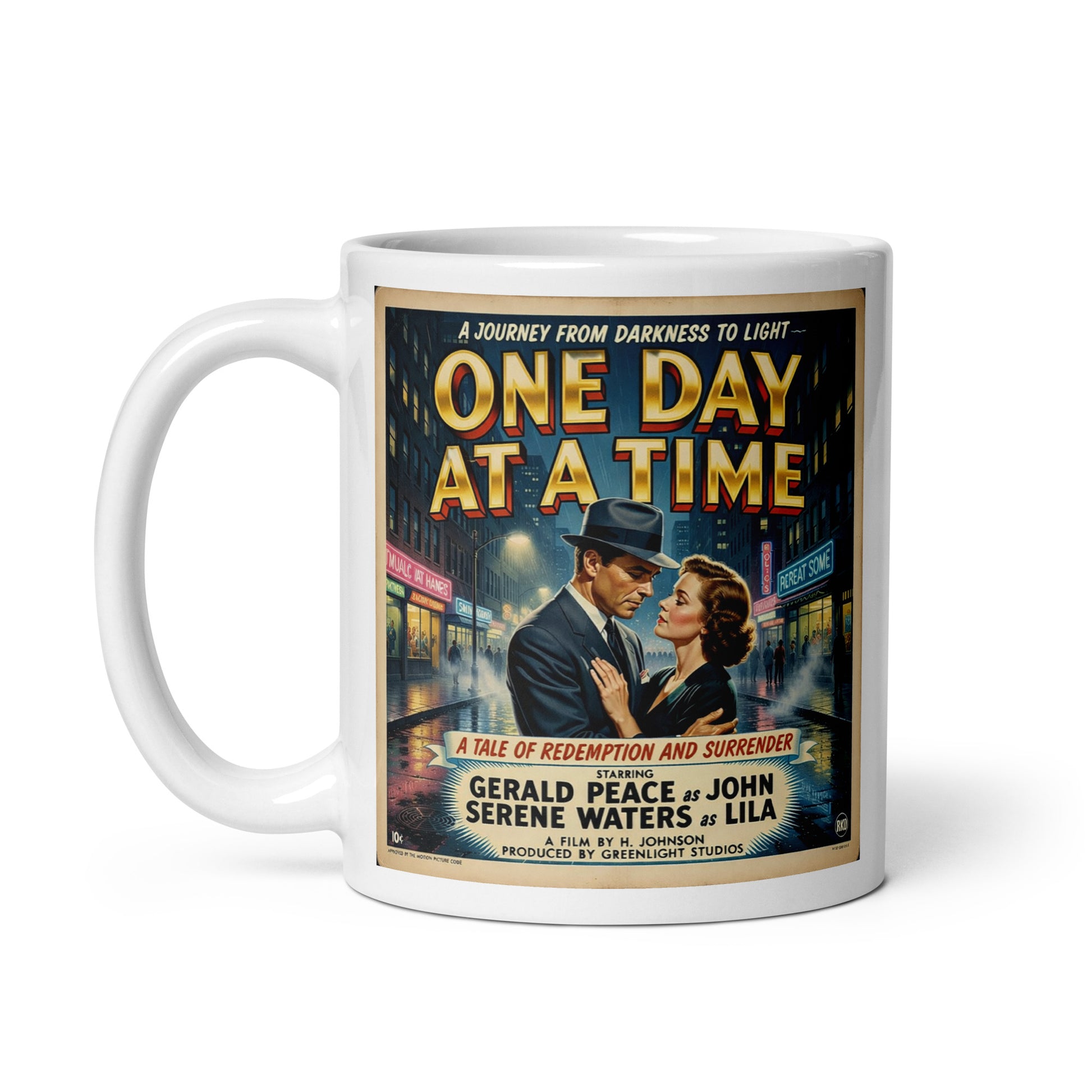 Attractive 1930s noir-style sobriety coffee mug design featuring a vintage couple embracing on a rainy city street with “One Day at a Time” retro movie poster typography.