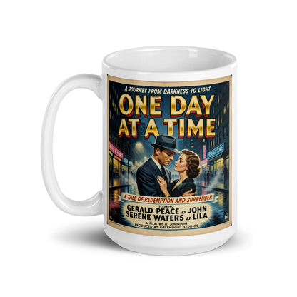 1930s noir-style sobriety coffee mug design featuring a vintage couple embracing on a rainy city street with “One Day at a Time” retro movie poster typography.