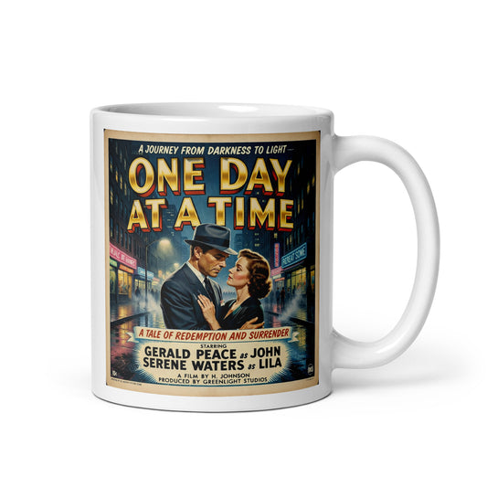 Fetching 1930s noir-style sobriety coffee mug design featuring a vintage sober couple embracing on a rainy city street with “One Day at a Time” retro movie poster typography.