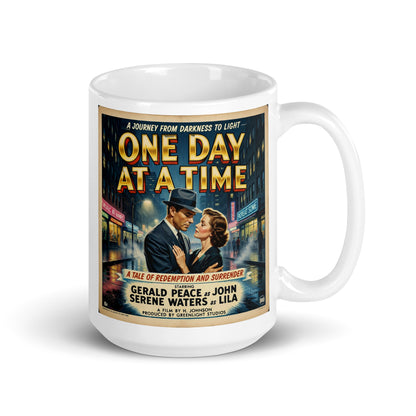 Emotional 1930s noir-style sobriety coffee mug design featuring a vintage couple embracing on a rainy city street with “One Day at a Time” retro movie poster typography.