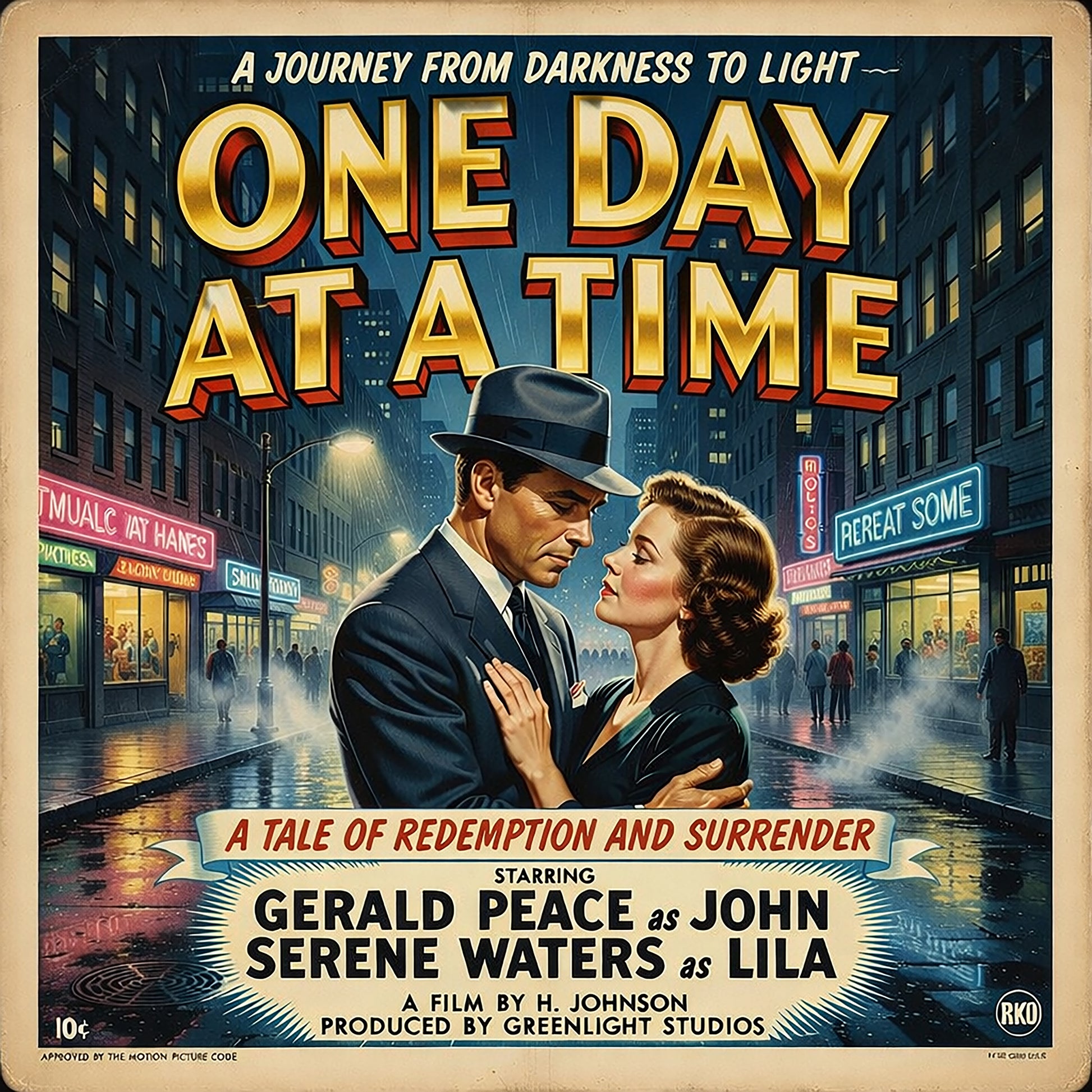Thumbnail of a 1930s noir-style sobriety coffee mug design featuring a vintage couple embracing on a rainy city street with “One Day at a Time” retro movie poster typography.