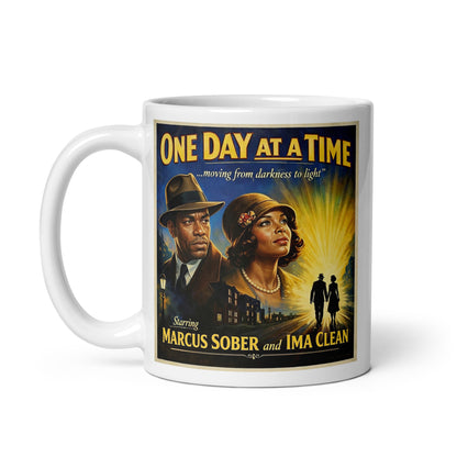 Emotional 1930s noir-style sobriety coffee mug design featuring a vintage couple embracing on a rainy city street with “One Day at a Time” retro movie poster typography.