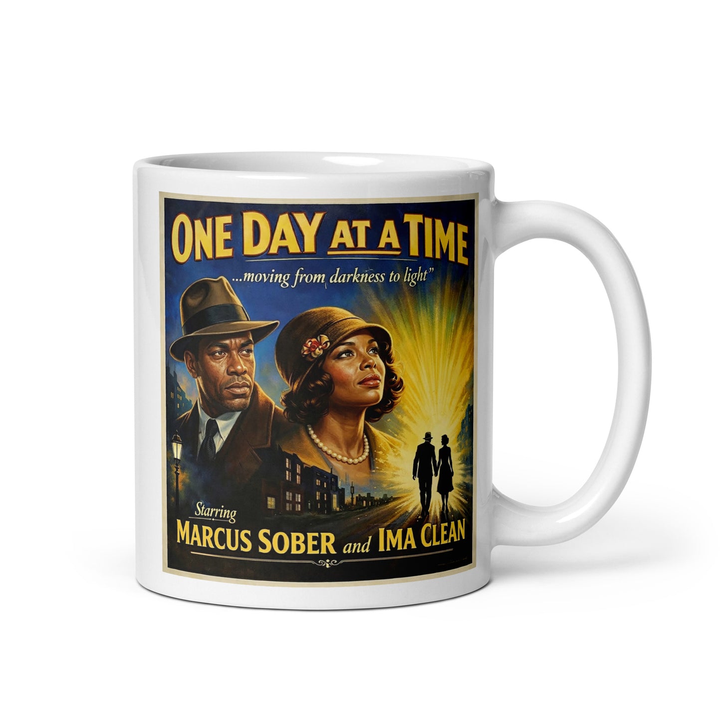 1930s noir-style sobriety coffee mug design featuring a vintage couple embracing on a rainy city street with “One Day at a Time” retro movie poster typography.