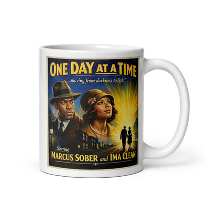 1930s noir-style sobriety coffee mug design featuring a vintage couple embracing on a rainy city street with “One Day at a Time” retro movie poster typography.