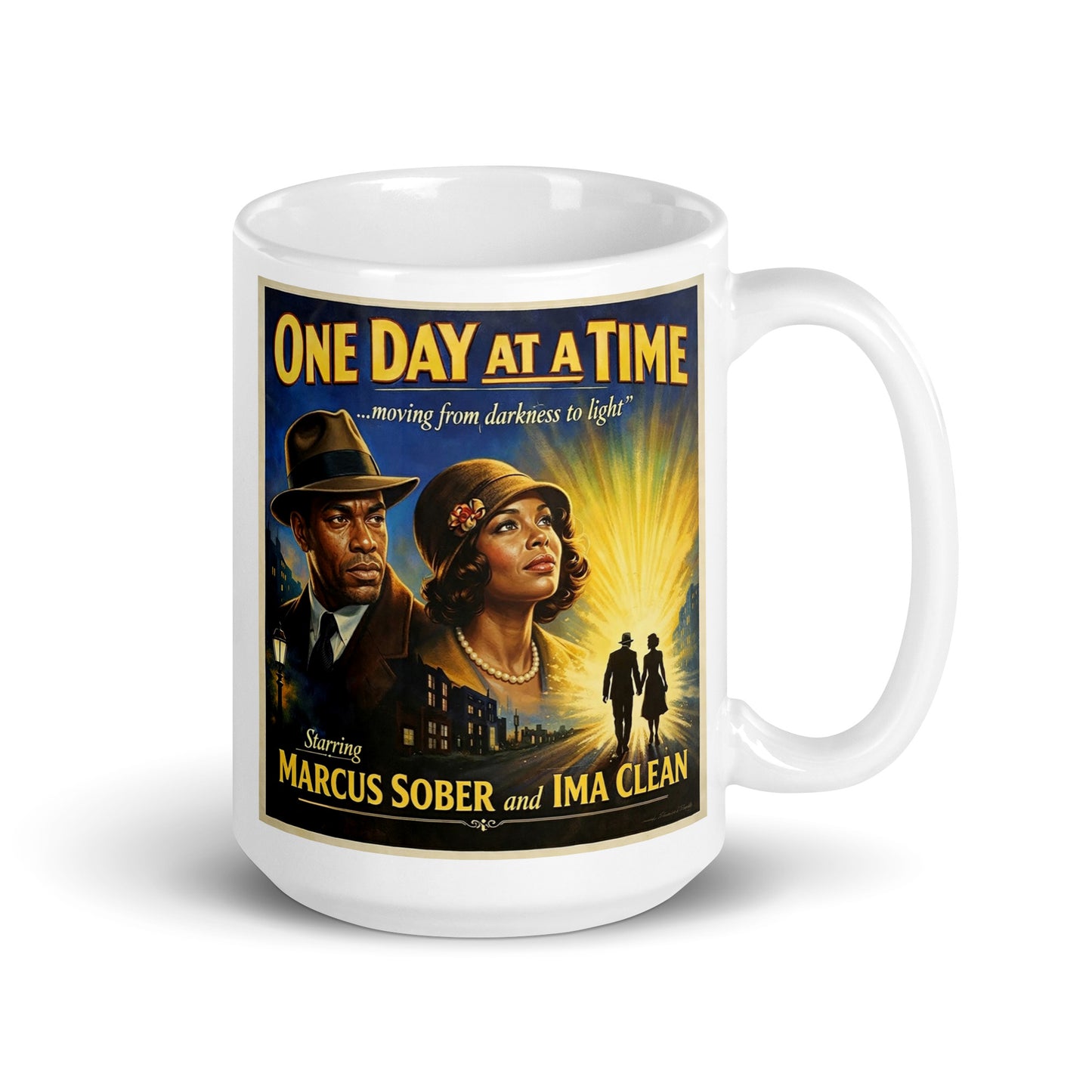 Intriguing 1930s noir-style sobriety coffee mug design featuring a vintage couple embracing on a rainy city street with “One Day at a Time” retro movie poster typography.