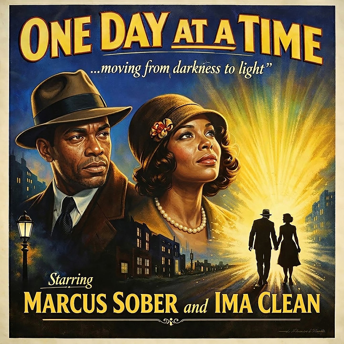 Thumbnail of a 1930s noir-style sobriety coffee mug design featuring a vintage couple embracing on a rainy city street with “One Day at a Time” retro movie poster typography.