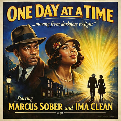 Thumbnail of a 1930s noir-style sobriety coffee mug design featuring a vintage couple embracing on a rainy city street with “One Day at a Time” retro movie poster typography.