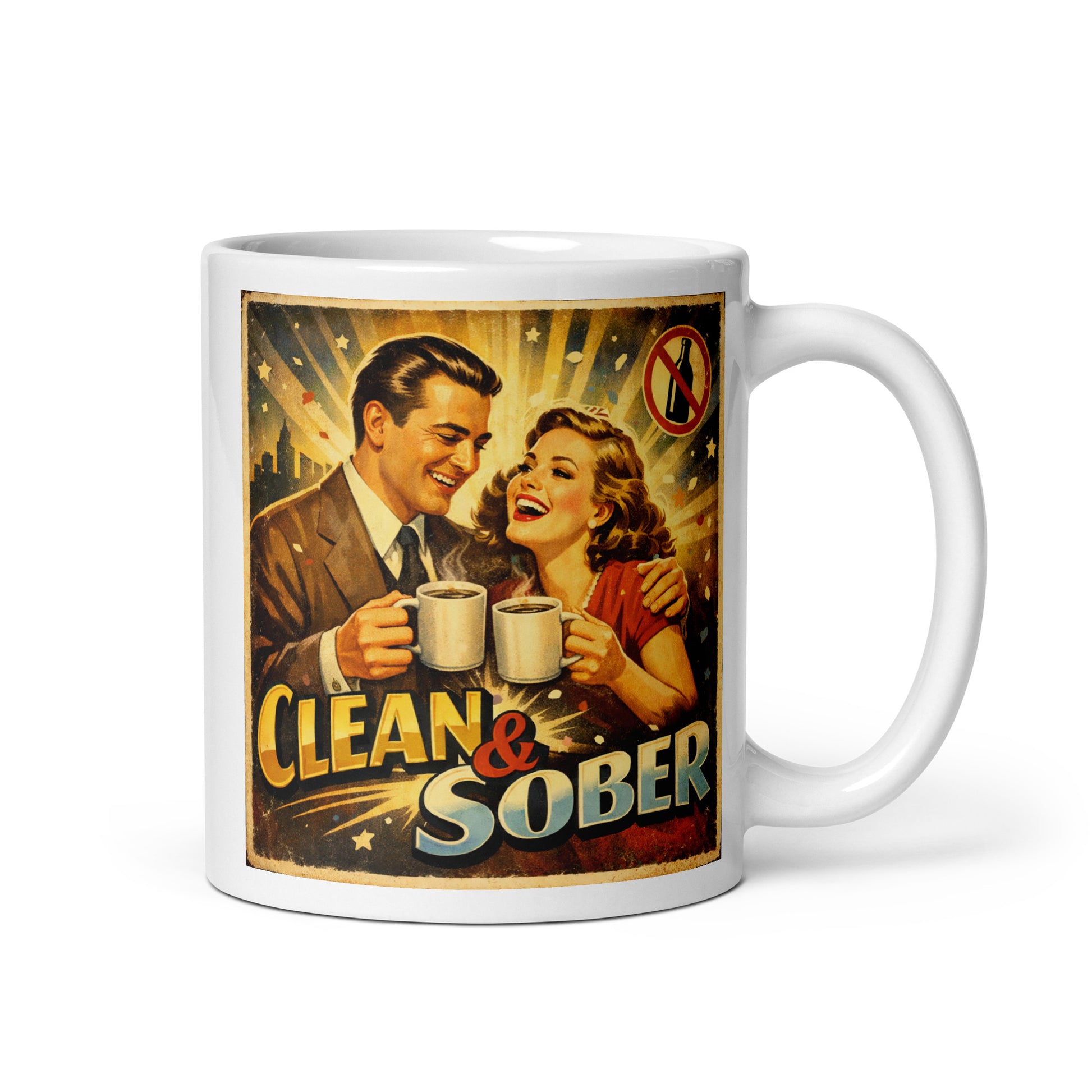 This happy 1930s retro sobriety coffee mug design featuring a vintage sober couple holding coffee mugs with “Clean & Sober” typography and celebratory recovery poster artwork.